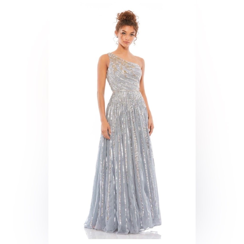 Mac Duggal 5220 Embellished One Shoulder Silver Platinum Maxi Dress Gown Size 4